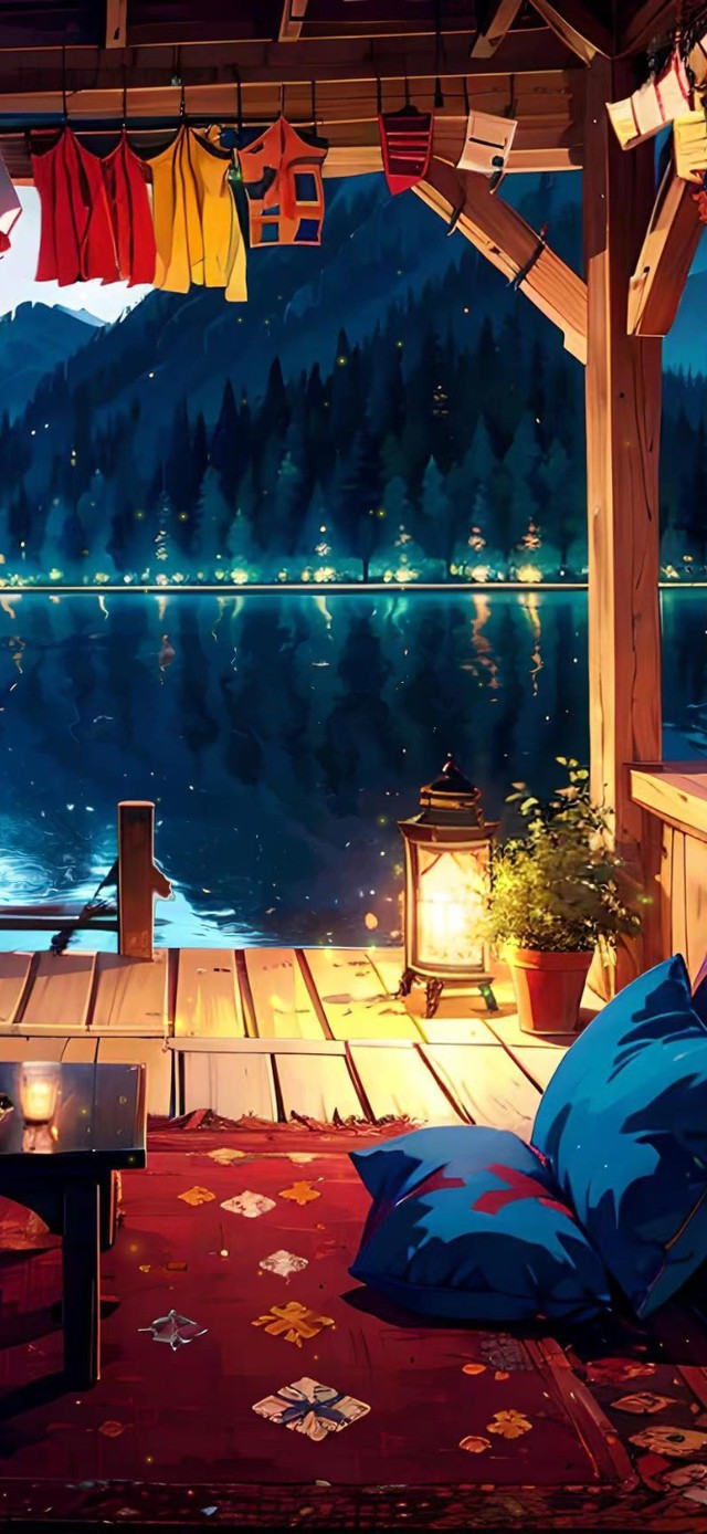 傍晚湖边木屋