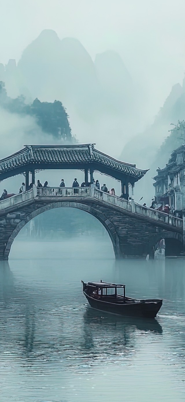 朦胧阴雨古镇水乡风景