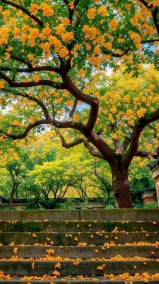 红墙黄花古阶静谧风景