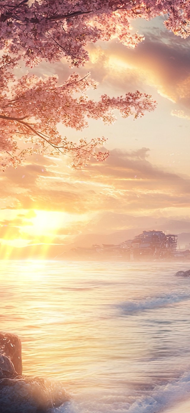 樱花烂漫的海边黄昏