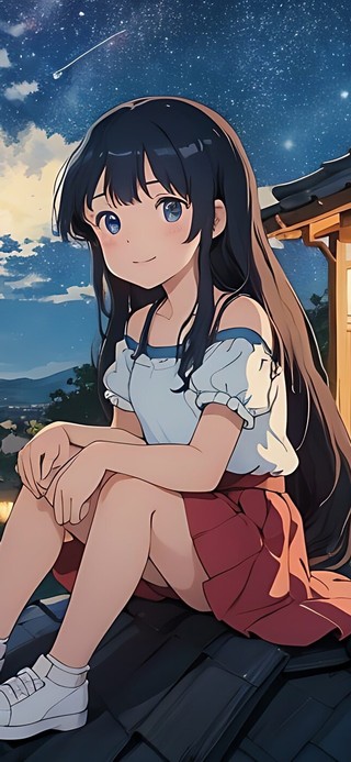 夜晚乘凉女孩治愈可爱