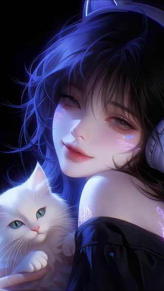 赛博猫耳少女与可爱白猫