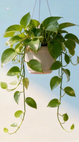 绿色护眼绿萝盆栽在阳光下摇摆