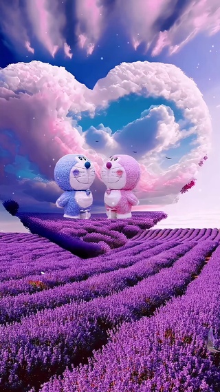 4k哆啦A梦与薰衣草花田