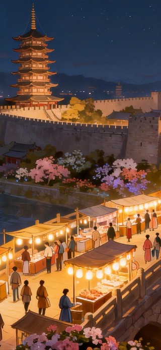 夜晚古城热闹市集