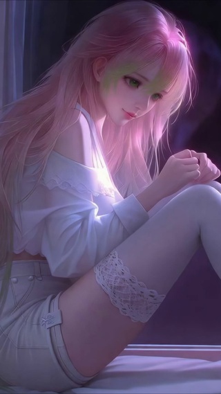 紫夜窗边粉发温柔美少女