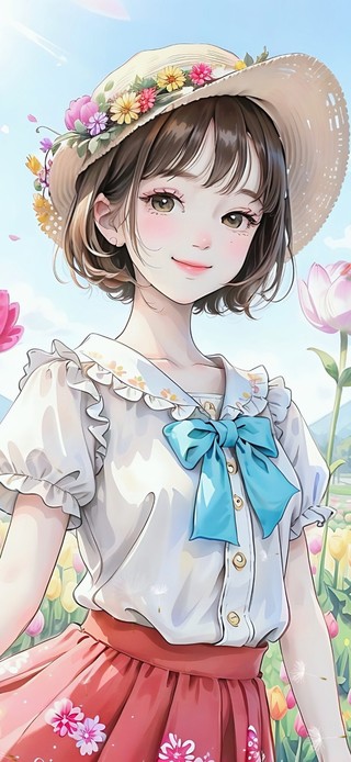 4K郁金香花海短发少女