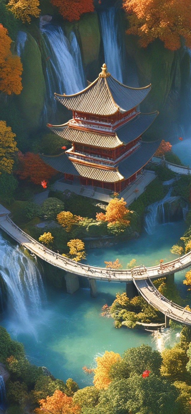 秋日山间瀑布古建筑