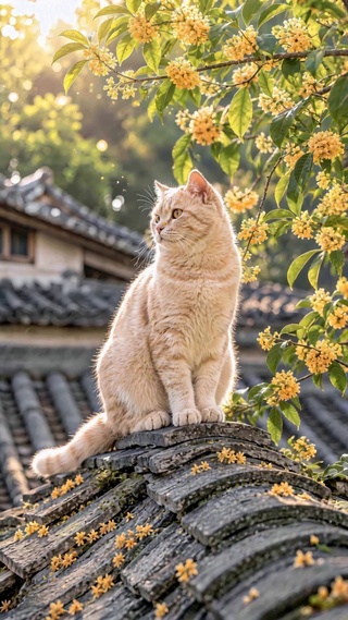 瓦顶猫戏桂花
