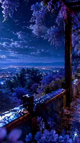 月夜紫藤花廊唯美夜景