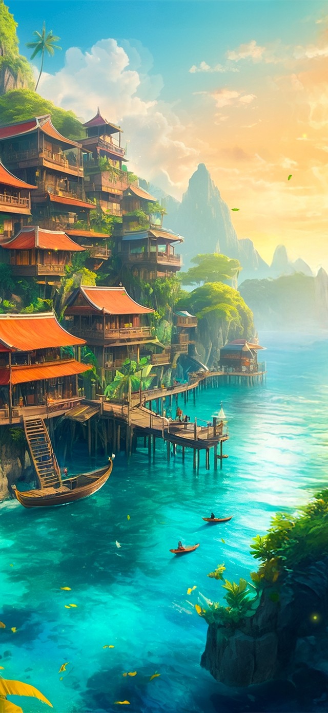 唯美夕阳海景楼房