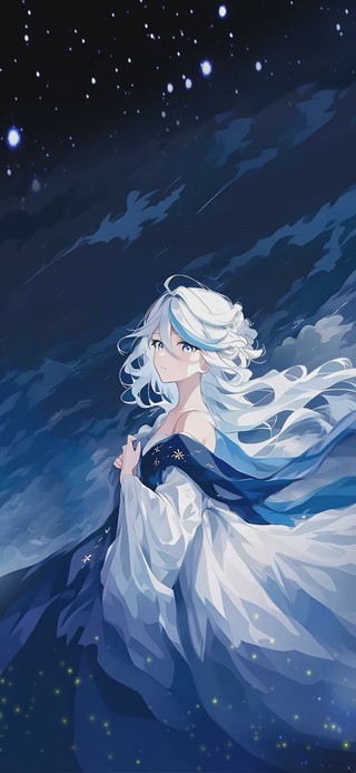 芙宁娜 白发女神星夜伫立