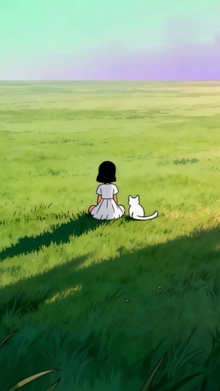 动漫草原小女孩和猫咪看日出