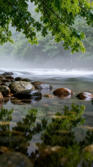 雨雾林间溪流 清新治愈风景