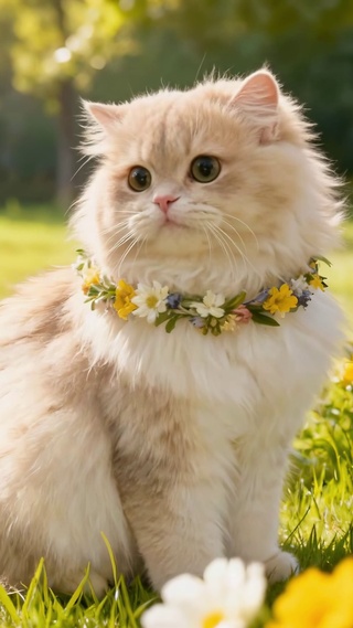 郊外阳光草坪花丛中一只布偶猫咪