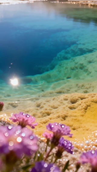 唯美蓝池粉花自然风景