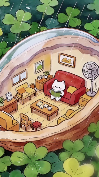 四叶草地核桃小屋看书的小猫