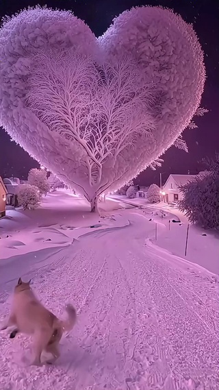 紫色爱心树雪景