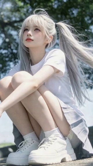 树下清新银发双马尾美少女