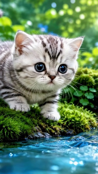 林间溪流可爱小奶猫