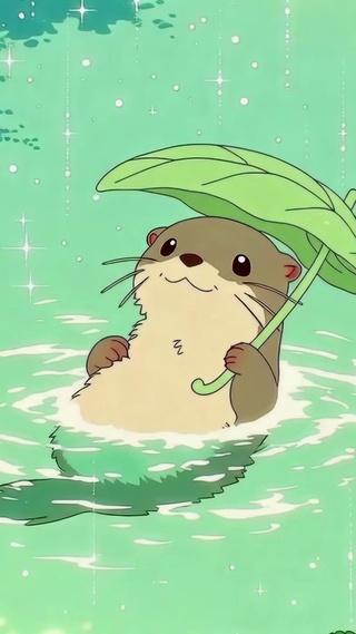 雨中撑叶的可爱水獭