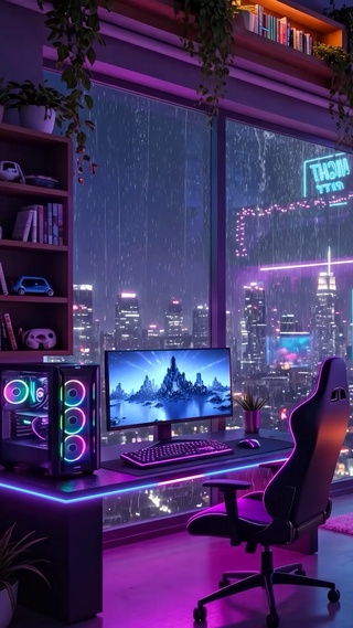 霓虹雨夜房间