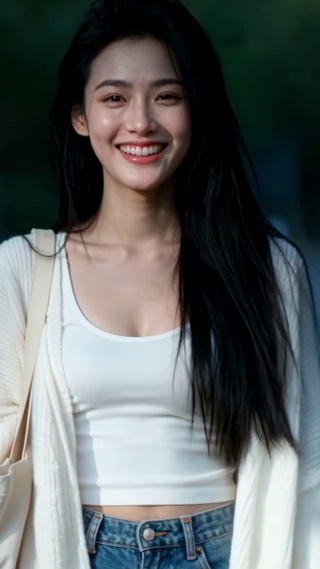 逆光街头甜笑长发美女