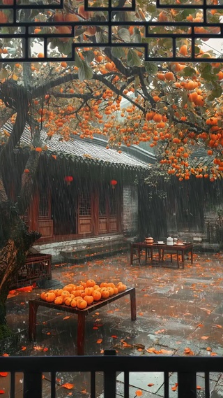 下雨天的柿子树