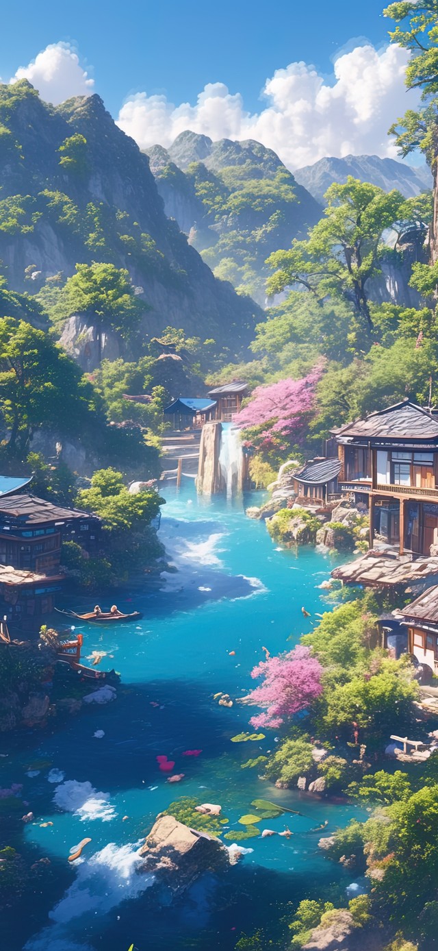 唯美治愈高山流水村庄
