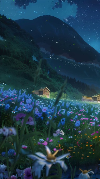 护眼绿景树木房屋星空景色