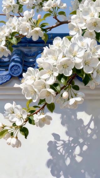 琉璃瓦房白色杏花出墙唯美小清新