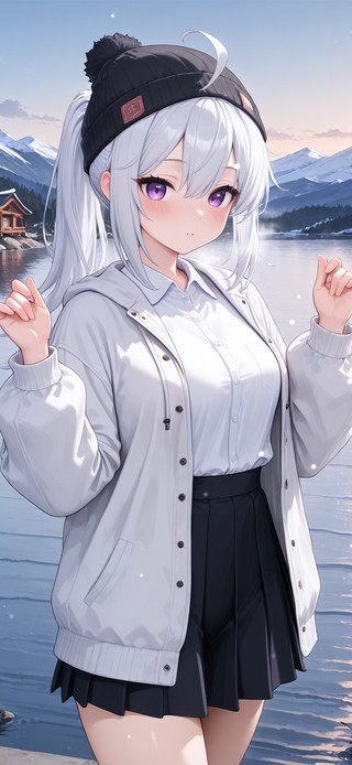 唯美湖边雪景少女