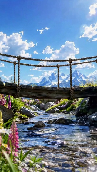 晴空花海溪流远山治愈风景