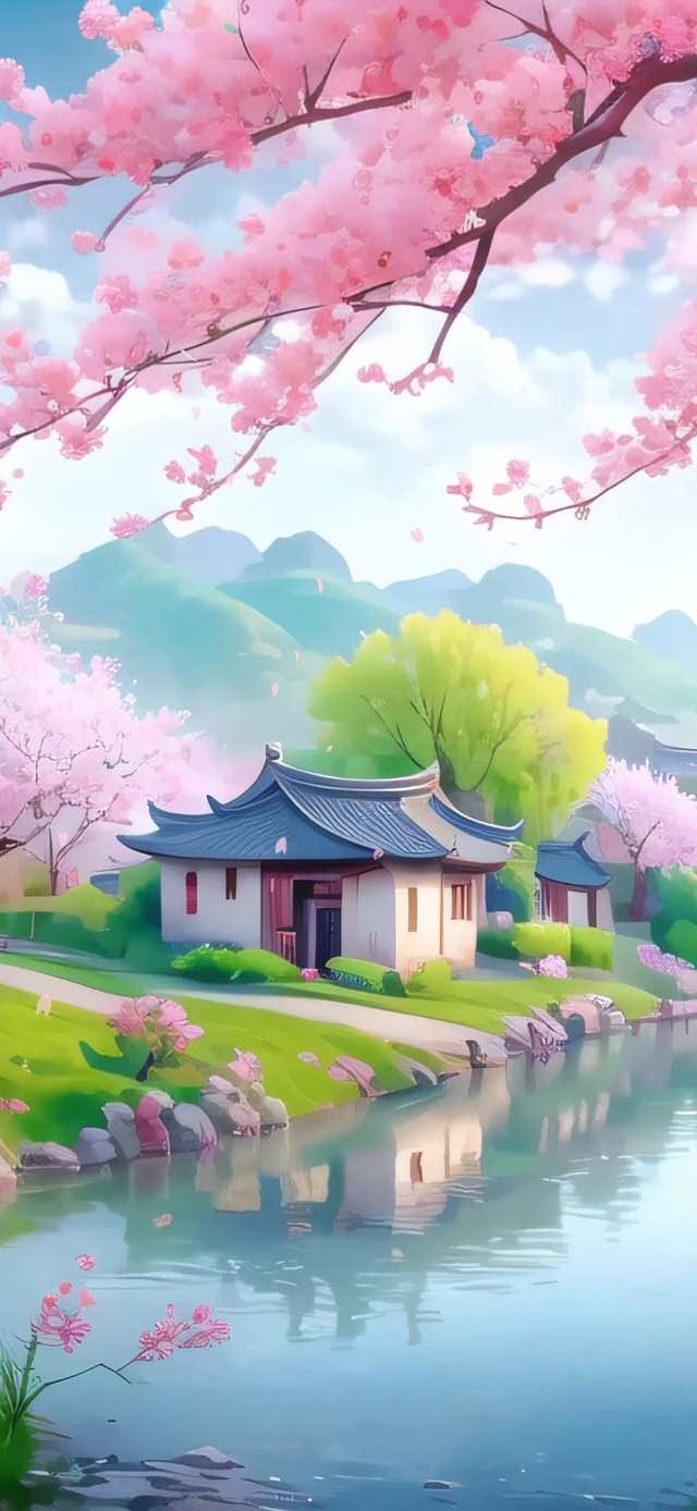 4k湖边樱花小镇