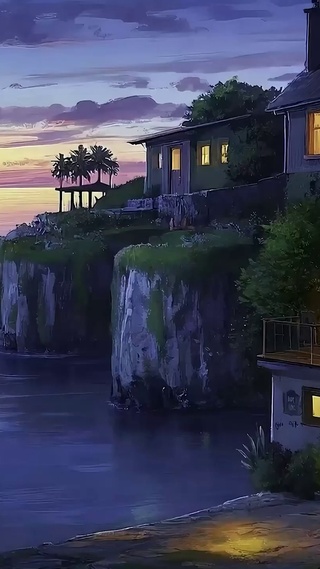 夕阳海景树木