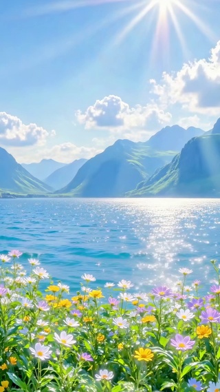 阳光下的山湖花海