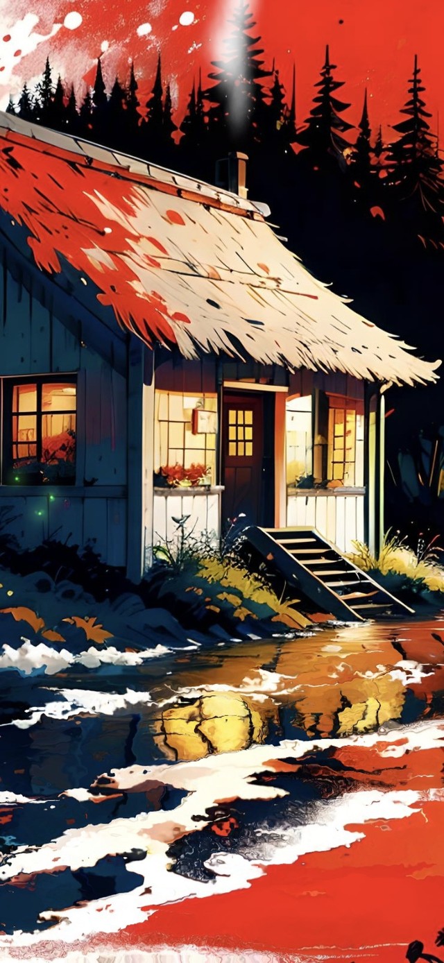 傍晚河边小屋