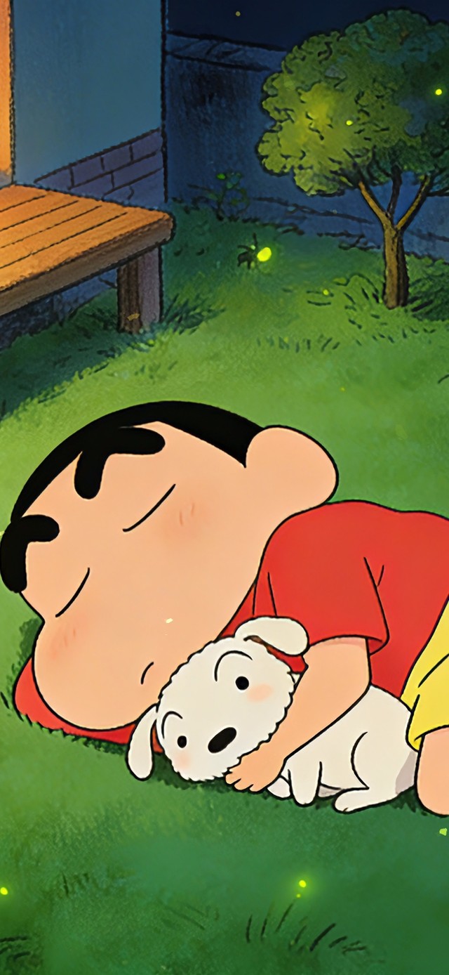 夏夜草地上的小新