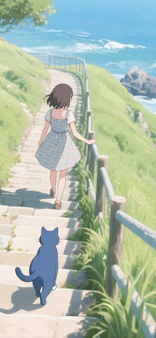 海边散步的少女与猫