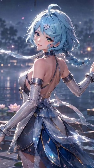 月夜古风庭院蓝发美少女