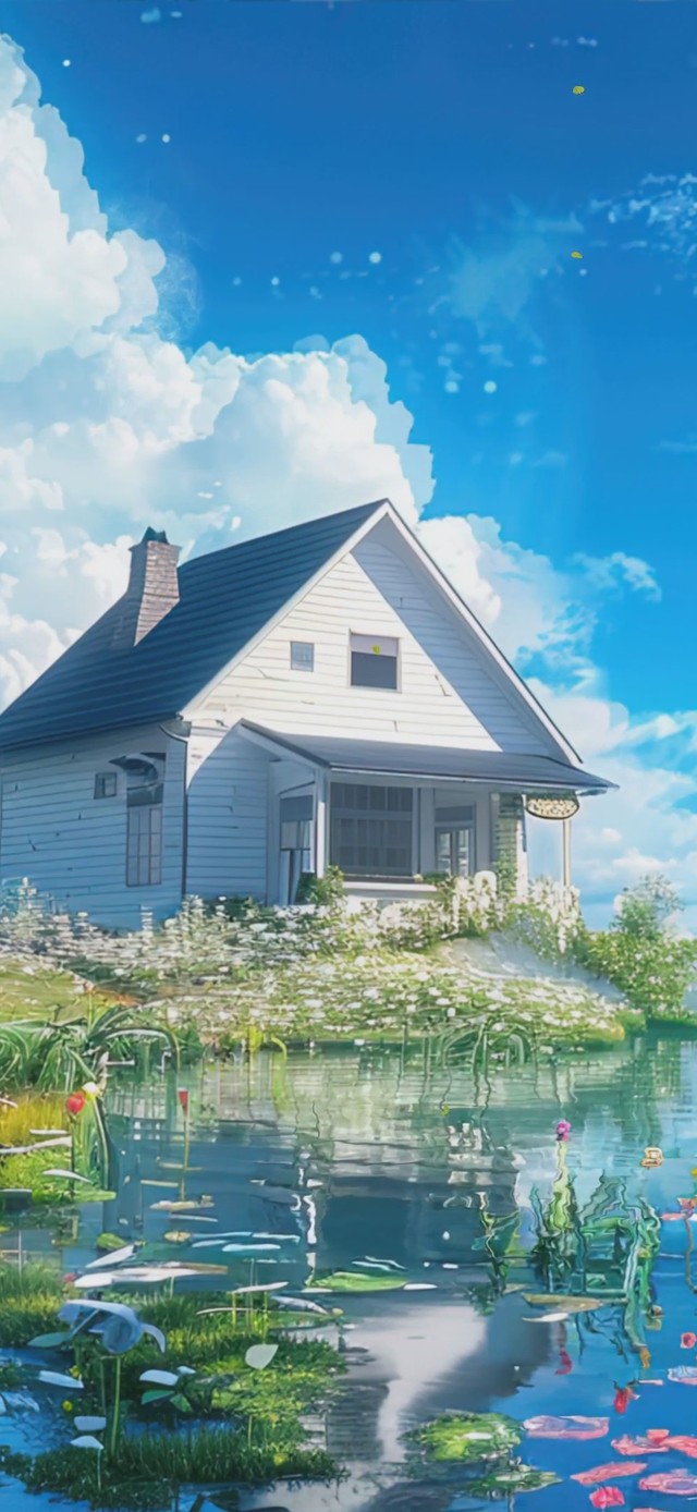 护眼蓝天白云花草树木房屋景色