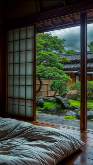 雨天庭院木屋房间 