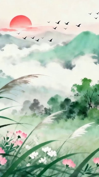 古风夕阳树木