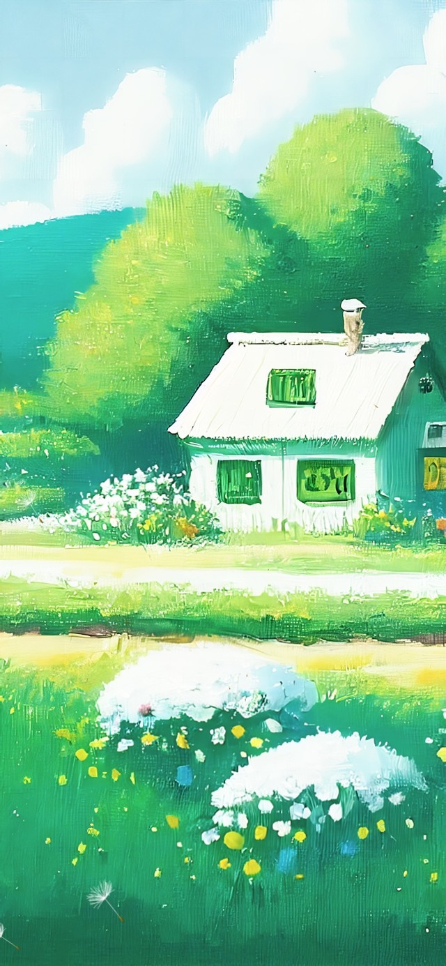 蒲公英地和兔小屋（护眼油画）