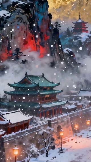 雪景树木古风城楼