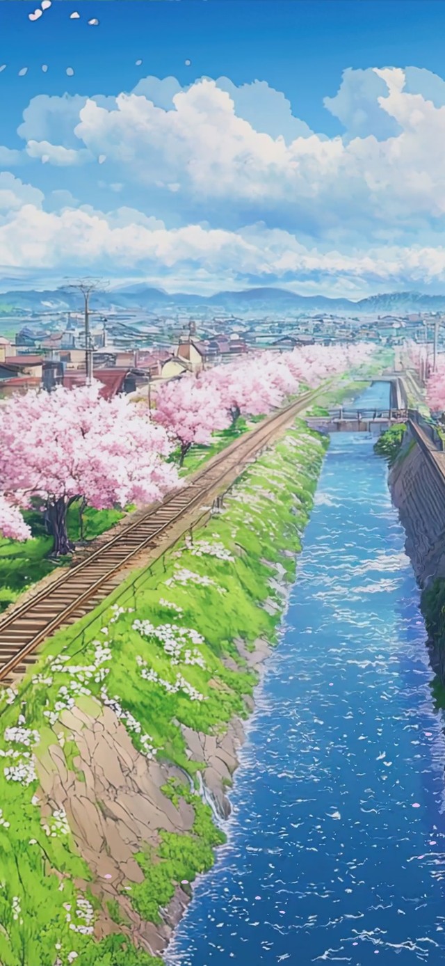 蓝天白云树木樱花