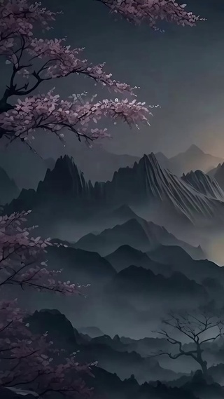 古风樱花树木夜景河流