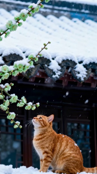 雪落古院绿梅萌猫