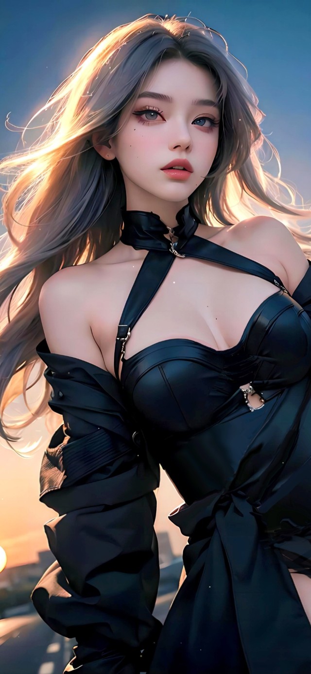 傍晚公路上的黑衣少女