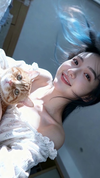 蓝发清纯少女与橘猫